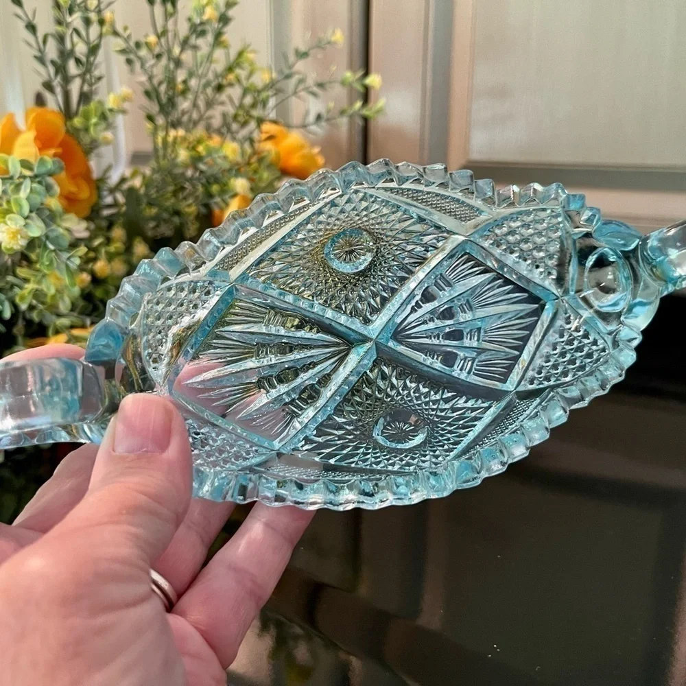 VINTAGE, VIKING, PRESSED GLASS, TURQUOISE, RELISH TRAY. SAWTOOTH EDGE.